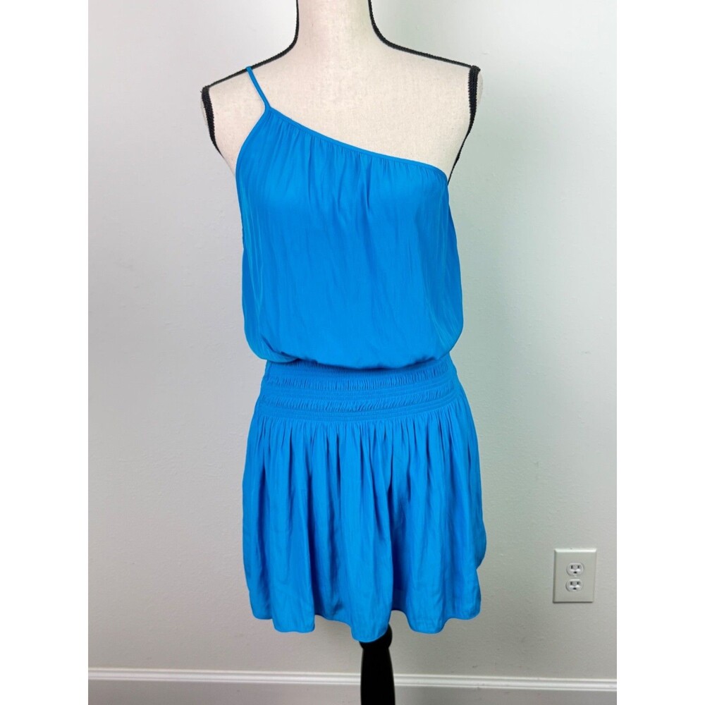Ramy Brook Leah Blue One Shoulder Smocked Waist Mini Dress Large Quiet Luxury